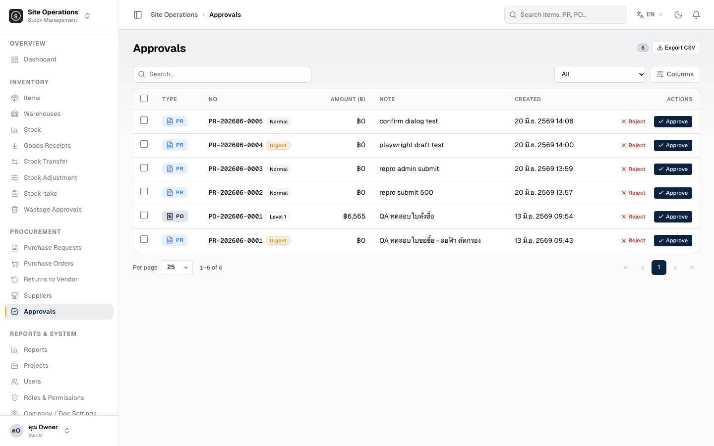 Approvals Page in Web